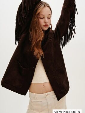 H&M Dark Brown Suede Fringe Blazer Jacket